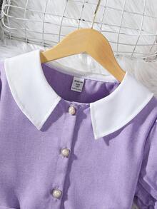 SHEIN 女童優雅風格洋裝，翻領、泡泡袖、收腰設計、腰帶與百褶裙，適合日常穿著、外出、上學及正式場合 - 紫色 - 查看 4