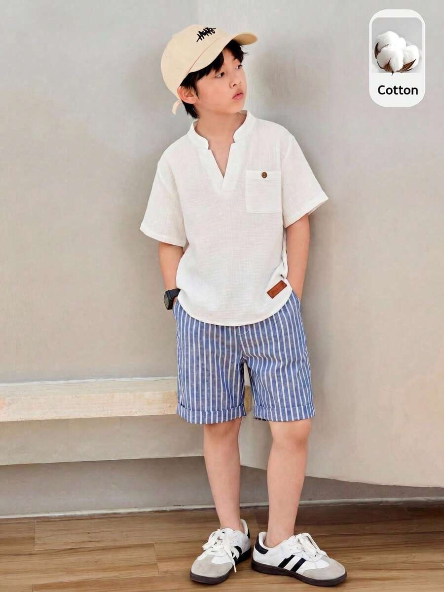 2pcs Kids Tween Boys Summer Casual Vacation Cute White Collar Short Sleeve Shirt & Striped Elastic Waist Shorts Set - White - View 1