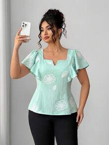 SHEIN Clasi Plus Size Women's Light Green Ruffle Hem Short Sleeve Fitted Blouse Wedding Guest Vacation Summer Elegant Eleganza - Mint Green - View 5