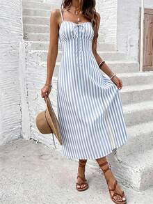 SHEIN Frenchy Women's Mid-Length Spaghetti Strap Striped Split Bowknot Cami Dress - Baby Blue - View 3