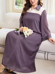 Al Najma Vestido largo de manga larga de gasa morada brillante, con parches de encaje floral, tela bordada con cuentas, vestido maxi elegante y holgado con cuello de camisa, talla grande - Morado - Ver 3