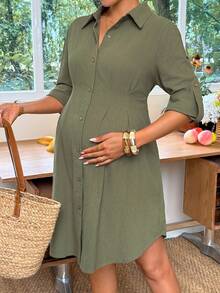 SHEIN Green Long-Sleeved Shirt Dress For Pregnant Women Single-Breasted Pleated Casual Business Teachers' Day Autumn Fall Maternity Photoshoot - Army Green - View 10
