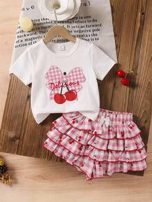 LMoss Kids Young Girl Summer Casual Sweet Cute Plaid Bow Cherry Letter Print Short Sleeve T-Shirt And Multi-Layer Ruffle Skort Set - Multicolor - View 6