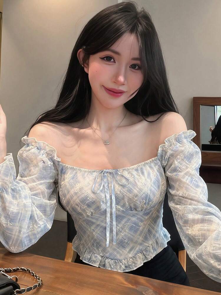 Joudiya Autumn Lace Shoulder Blouse With Front Tie Waist Cinched