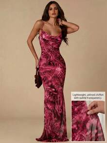 SHEIN BAE Women's Cowl Neck Animal Print Fitted Fashionable Spaghetti Strap Dress - Hot Pink - View 1
