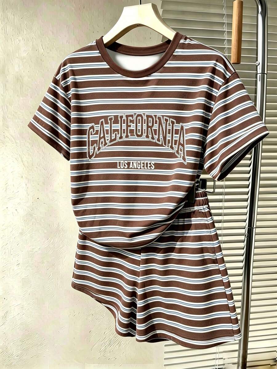 青少年女孩全身印花短褲套裝 美式復古條紋休閒套裝 青少年女孩夏季加州印花短袖T恤短褲兩件組 - 彩色 - 查看 1