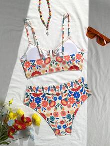 Swim Lushoire Einteiliger Badeanzug mit hoher Taille und Blume Muster, beliebter Frühlings-/Sommerstil - Verschiedenfarbig - Übersicht 2