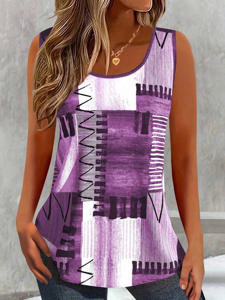 SHEIN LUNE CURVE Plus Size Patchwork Printed Casual Crew Neck Sleeveless Top, Daily Wear Women Tank Tops - Multicolor - View 1