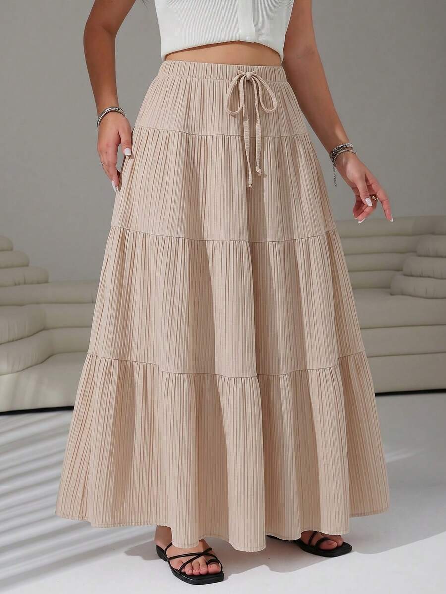 SHEIN EZwear Rok Midi Wanita Ukuran Plus Bergaris Model Ikat untuk Liburan Musim Gugur - Khaki - View 1
