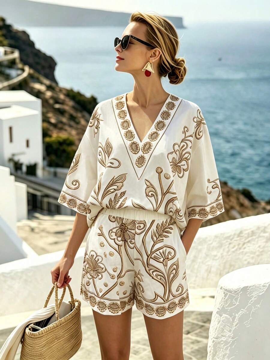 Breezaya Black & White Floral Print Vacation Set Women's Summer V-Neck Loose Top + High Waist Shorts Casual Two Pieces Set - Multicolor - View 1