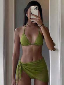 Swim Vcay Conjunto de Maiô Feminino Três Peças Estilo Europeu e Americano Sexy com Costas Abertas para Primavera e Verão, Roupa de Praia Feminina Cor Sólida com Decote Halter e Amarração nas Costas, Saia de Tela da Moda, Design Moderno e Sexy, Adequado para Praia, Lua de Mel e Férias, Conjunto de Maiô Bikini - Verde - Visão 1