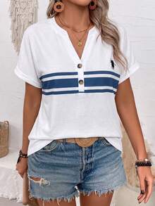 Plus Size Henley Neck Striped T-Shirt, Polo Horse Short Sleeve Casual Top For Women - Multicolor - View 3