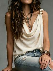 SHEIN Holidaya Tank Top Fashion Wanita Warna Polos dengan Hiasan Leher Kerah dan Bahu - Aprikot - View 6