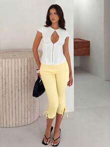 Firerie Women's Elegant Casual Spring/Summer All Seasons Solid Pale Yellow High Waist Leggings, Knitted Waist-Cinching Tight Leggings, Fashionable Versatile - Pale Yellow - View 6