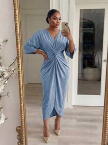 SHEIN Lady CURVE Đầm tay lửng 3/4, eo xoắn phía trước, dáng thanh lịch, cỡ lớn, thích hợp cho mùa hè. - Màu xanh bụi bặm - Xem 6