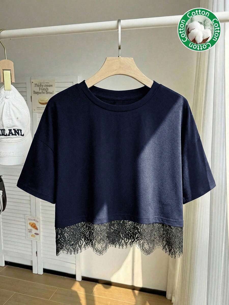 Comfortcana Deep Blue Short Sleeve Round Neck Lace Hem Loose Plus Size Women's T-Shirt - Navy Blue - View 1