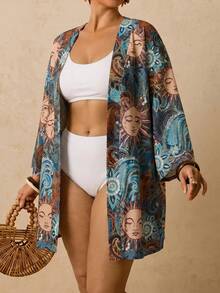 Travachic Plus Size Women's Navy Blue Ocean Fish Print Cover-Up, Mid-Length Sleeve Loose Kimono Top, Romantic Boho Early Summer Beach Vacation Hot Pattern Shirt - Multicolor - View 4