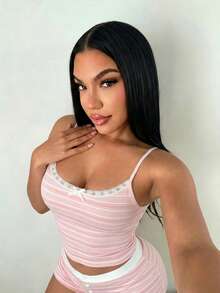 SHEIN SXY 女士性感粉白条纹吊带背心短裤套装 – 时尚百搭两件套，适合度假、派对、外出和休闲穿着，可爱柔美风，Y2K复古风，Sleepwea - 白色 - 查看 5