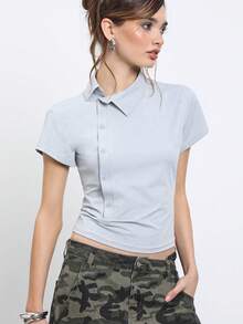 COUREZ 短袖不對稱襯衫 / Y2K 女款襯衫 飛袖襯衫 節慶上衣 夏季襯衫女裝上衣 - 灰色 - 查看 6