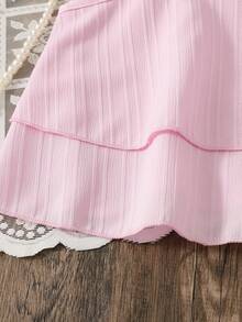 SHEIN Vintaside Kids 2pcs/Set Young Girl'' Fashionable Comfortable Ruffle Strap Top And Pants Set, Perfect For Summer Vacation - Pink - View 4