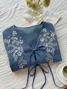Comfortcana Plus Size Women's Elegant Boho Floral Embroidered Front Tie Lantern Sleeve Blouse Vacation Light Blue Autumn Fall Gym Vacation - Blue - View 4