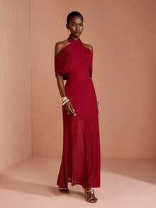 JIAN LASALA Mesh Halter Neck Ruched Sleeve Women Boho Dress Vacation Casual Holiday - Burgundy - View 5