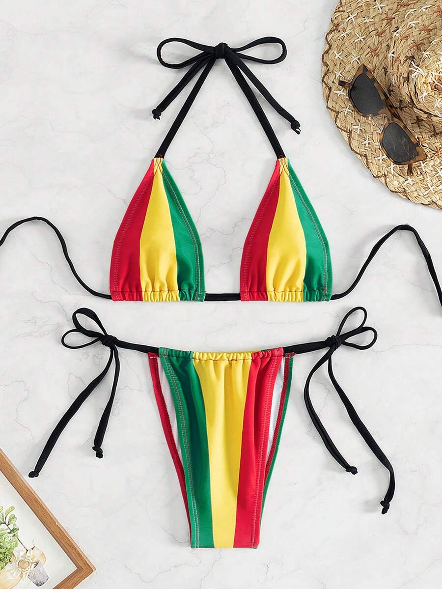 SHEIN Swim Summer Beach Women's Striped Multicolor Halter Neck Tie Bikini Set - Multicolor - View 1