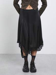 COUREZ Low Rise Asymmetric Satin Midi Skirt With Lace Hem/Y2K Classy Elegant Sexy Autumn Outfits For Women Going Out Brunch Birthday Party Night Rave Black - Black - View 1