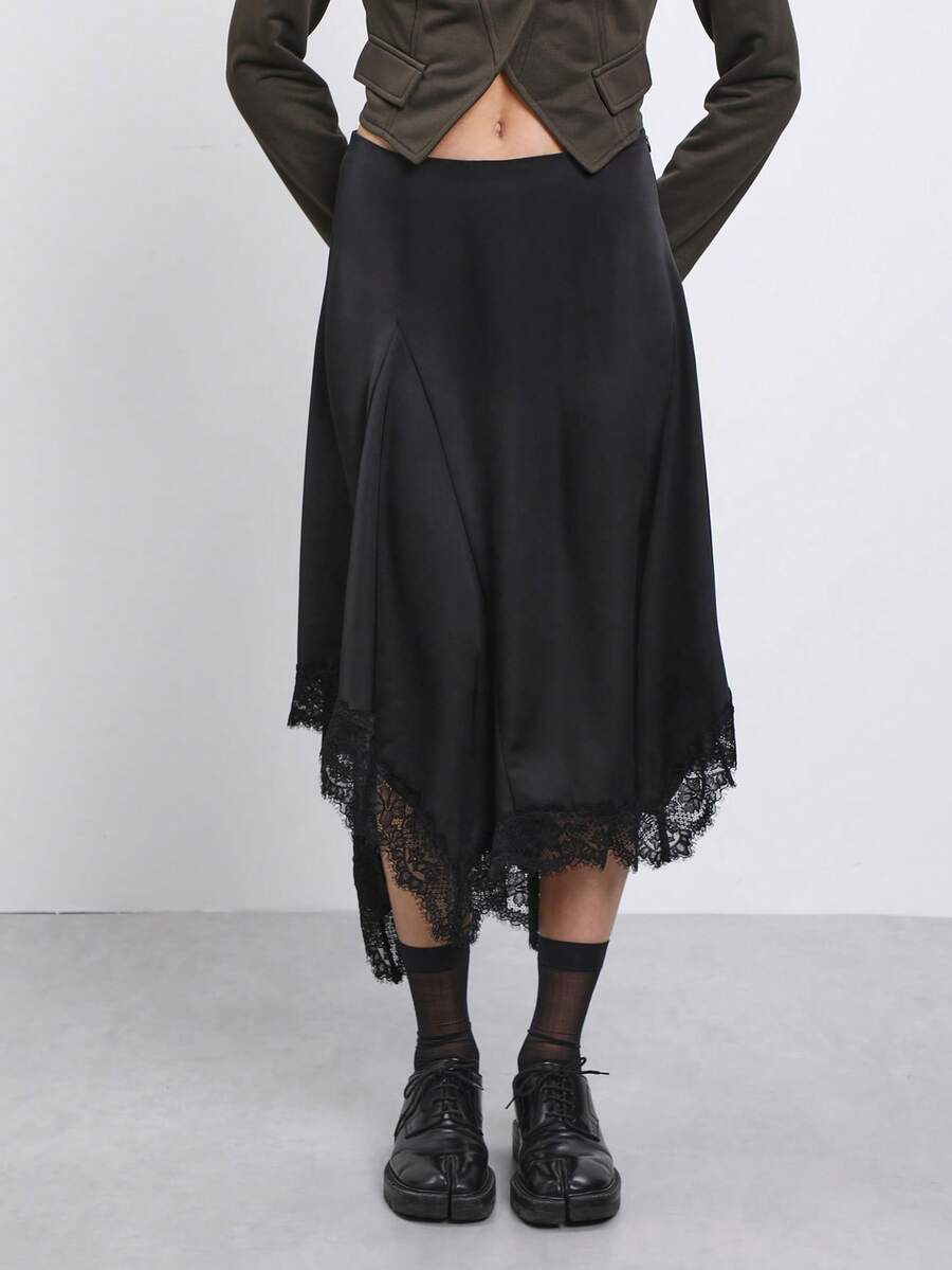 COUREZ Low Rise Asymmetric Satin Midi Skirt With Lace Hem/Y2K Classy Elegant Sexy Autumn Outfits For Women Going Out Brunch Birthday Party Night Rave Black - Black - View 1