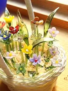 7Pcs Mini Glass Flower Bouquet In Vase, Handmade Colorful Artificial Flower Decor, Tiny Glass Floral Arrangement For Desk, Home Decor & Gift - Multicolor - View 7