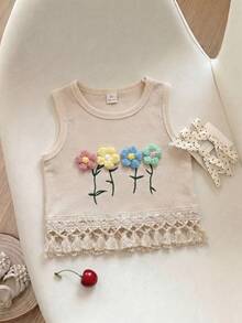 SHEIN LMoss Kids 少女純色草莓圖案無袖針織背心上衣，適合度假、外出、派對及其他場合 - 杏色 - 查看 3