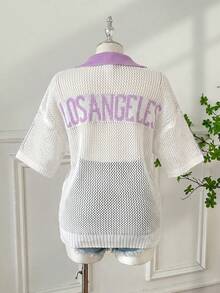 SHEIN EZwear 女款大尺碼夏季時尚對比色翻領字母圖案鏤空針織上衣 - 淡紫色 - 查看 2