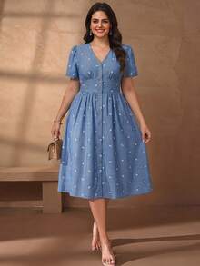 Chikora Đầm công sở thường ngày cổ chữ V chất liệu linen cotton thanh lịch cho nữ size lớn - Màu xanh lam - Xem 6