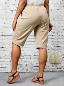 INAWLY Pantalones cortos informales de talla grande de unicolor con cordón en la cintura - Caqui - Ver 2