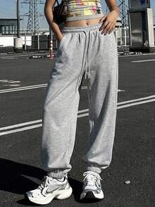 DAZY Solid Drawstring Waist Sweatpants,Women Joggers Fall - Light Grey - View 8