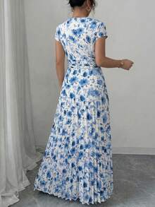 Elenzga Plus Size Women's Spring/Summer Elegant Romantic Floral V-Neck Short Sleeve Flowy Maxi Dress - Multicolor - View 2