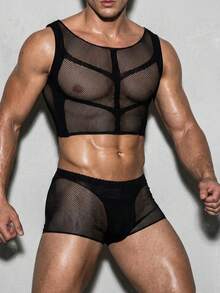 DSELFIQUE Men's Fashionable Sexy Mesh T-Shirt Set - Black - View 1