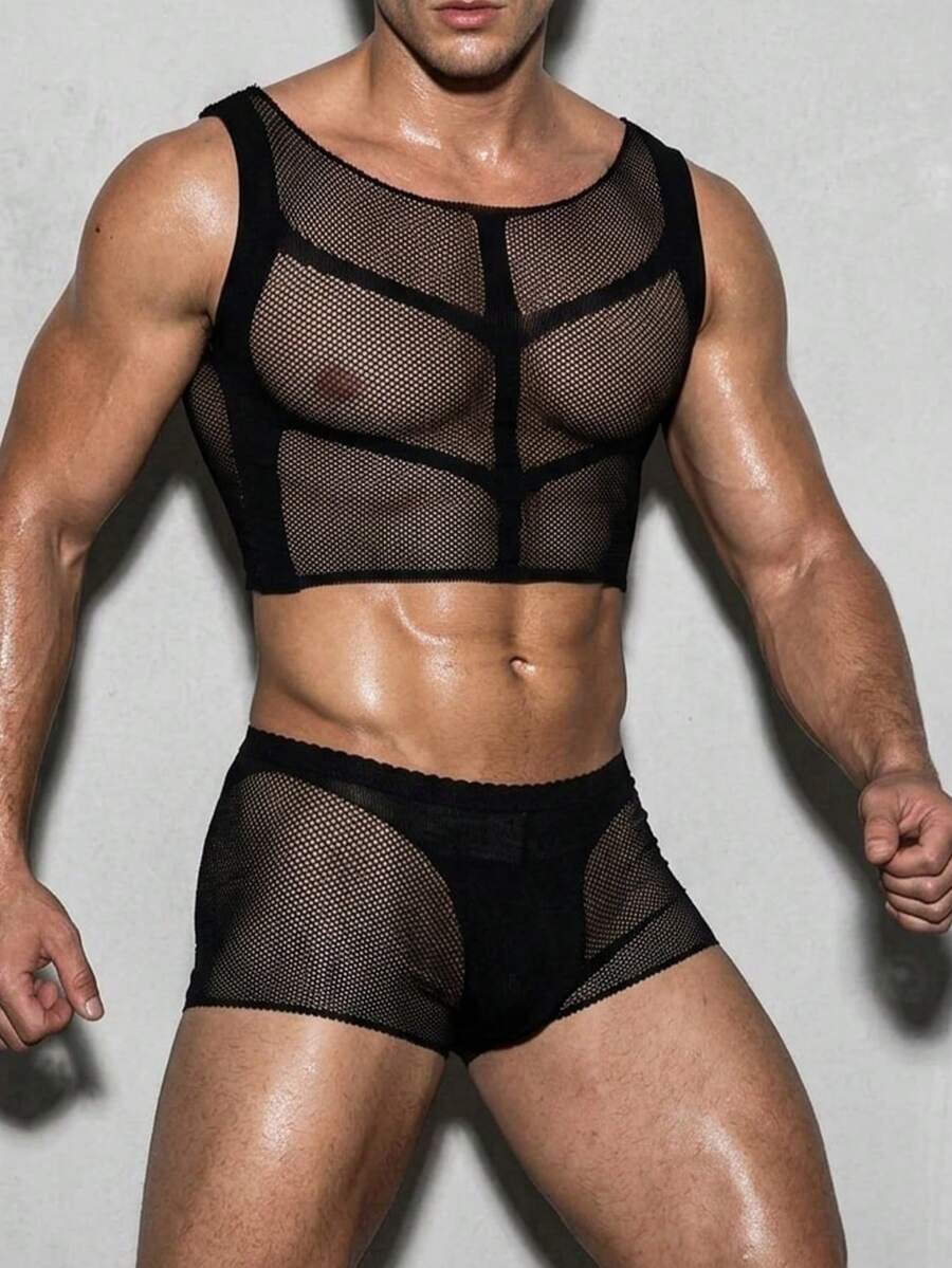 DSELFIQUE Men's Fashionable Sexy Mesh T-Shirt Set - Black - View 1