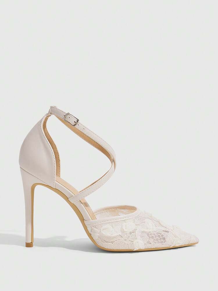 CUCCOO SZL Sexy Fashion Flower Net Hollow Instep Strap Bag Heel Pointed Stiletto Naked Strap Women's Beige High-Heeled Sandals