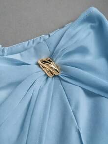 Franclia Celana Panjang Kasual Elegan Model Lurus Warna Biru dan Emas, Bahan Chiffon Patchwork Lembut dan Mengalir Asimetris, Kancing Logam, Gaya Kantor Musim Gugur yang Serbaguna - Dusty Blue - View 3