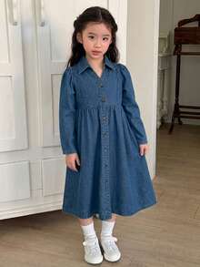 DAZY Girls' Casual Turn-Down Collar Washed Korean Style Versatile Solid Color Denim Dress - Blue - View 4
