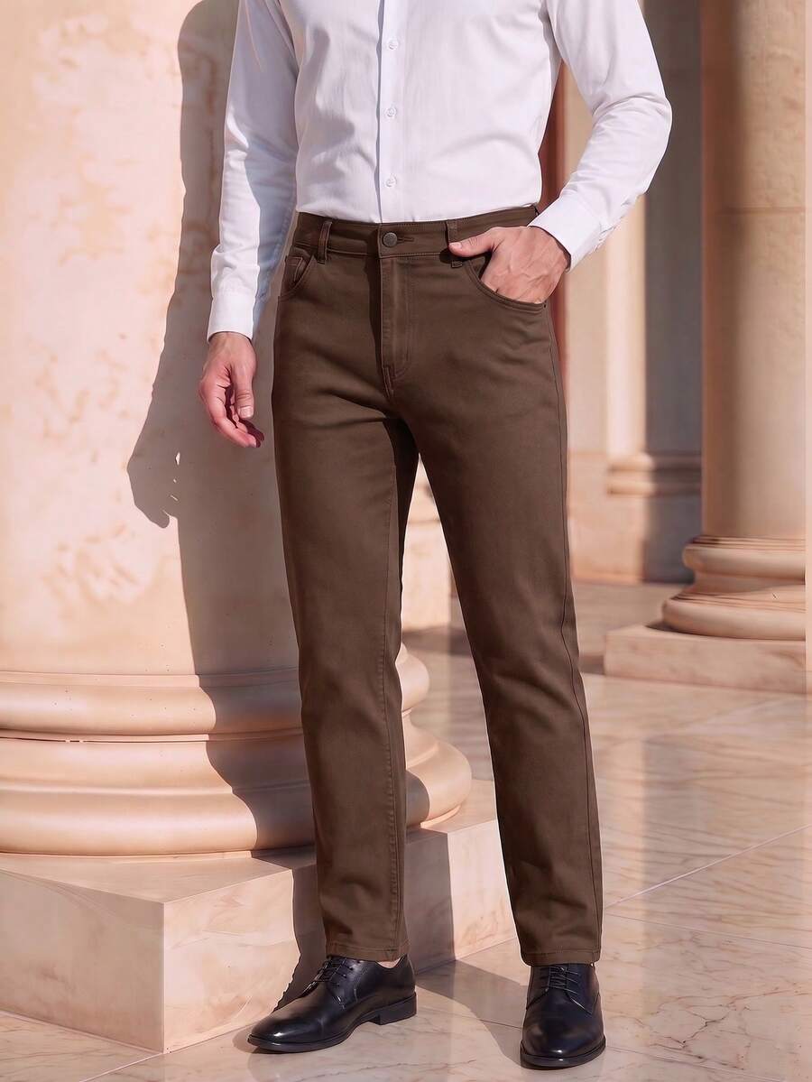 Officeau Celana Kasual Pria Warna Polos dengan Saku Miring, Serbaguna, Musim Gugur - Coffee Brown - View 1