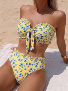 Swim Mod مجموعة قطعتين مطبوعة بخطوط لعطلة الربيع/الصيف على الشاطئ، بياقة مجعدة، وبنطال بحافة مكرمشة - متعدد الألوان - مشاهدة 3