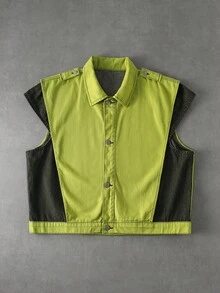 ROMWE MEN Street Life Men's Double Layer 2 In 1 Denim Vest Top - Green - View 8