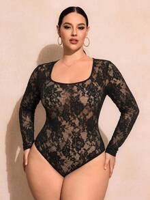 SHEIN SXY 大尺碼女款花卉蕾絲方領長袖性感連身內衣 - 黑色 - 查看 7