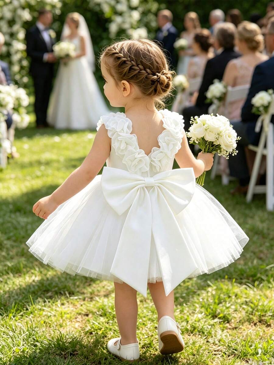 SHEIN Glamorique Kids 女嬰酒紅色緞面網紗高階正式禮服，3D花朵設計、大蝴蝶結背部、蓬蓬裙，適合聖誕節、嬰兒生日派對、慶祝活動、宴會、派對，無袖吊帶裙，鼠尾草綠公主禮服，鼠尾草綠女嬰洋裝，鼠尾草綠公主裙