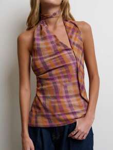 Nöista Plaid Halter Top With Scarf Neckline For Going Out, Vacation And Festival Styling. - Multicolor - View 3