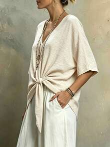 Louniche Women's Spring/Summer Casual Faux Cotton Linen Solid Color V-Neck Knot Shirt - Khaki - View 3