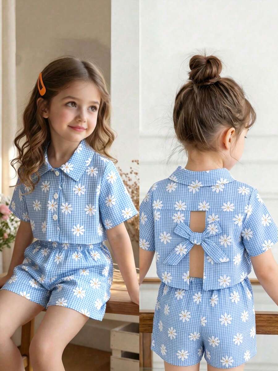 Elladie kids 2026年少女超可愛夏季套裝,格紋印花雛菊上衣 + 短褲 2件套裝 - 淺藍色 - 查看 1