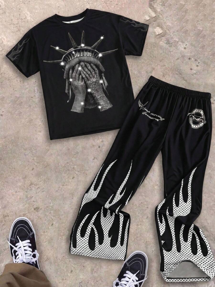 Teen Boy Crew Neck Short Sleeve T-Shirt And Elastic Waist Long Pants Casual Daily Set